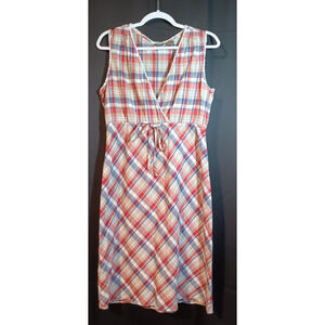 Eddie Bauer Dress Womens 10 Plaid Surplice Cotton Elastic Midi Sleeveless VTG